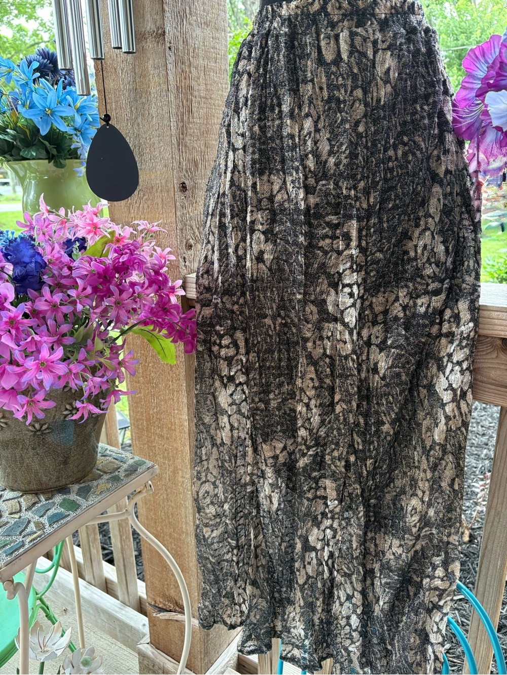 Reba Gold & Black Metallic Mesh Full Style Midi Skirt Pull-On w Elastic Waist M